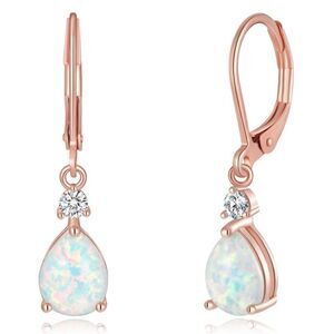 14K Rose Gold with Genuine White Fire Opal and CZ Teardrop Leverback Earrings